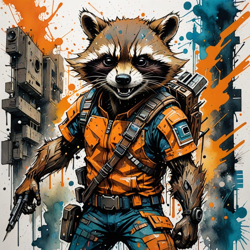 Rocket Raccoon Watercolor in Urban Tech Style