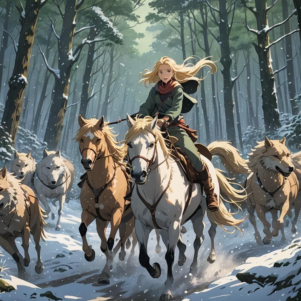 Anime Girl's Perilous Ride Through Snowy Forest