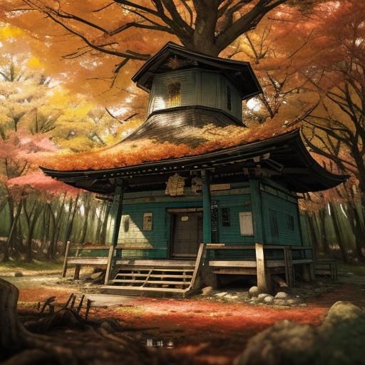Golden Hut Under Maple Tree in Manga Style