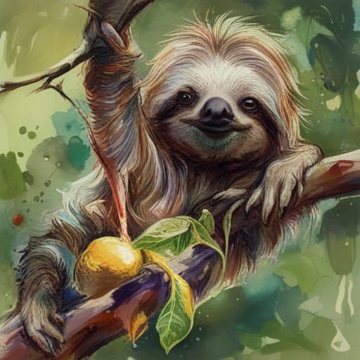 Sloth Chilling with Lemonade: Hyperreal Splash Art