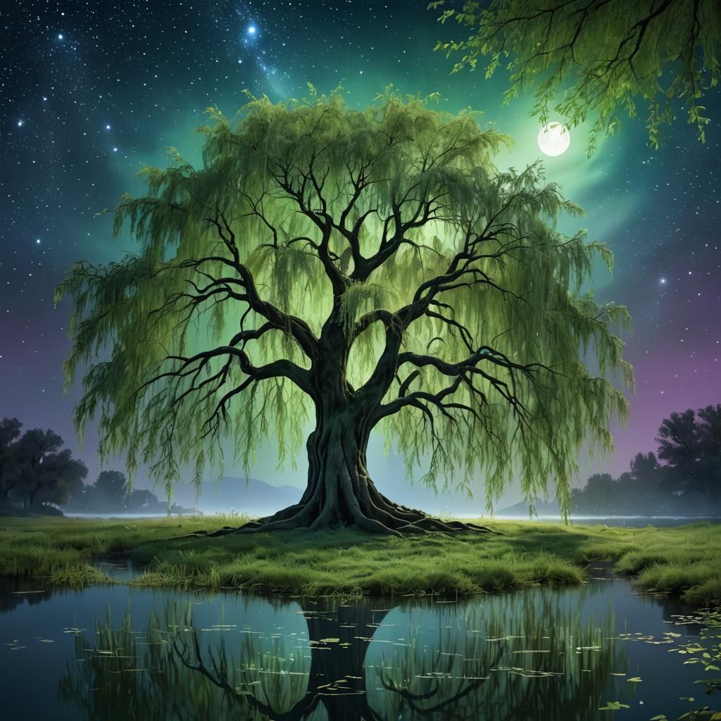 Ethereal Weeping Willow under Starlight: Digital Matte Paint...