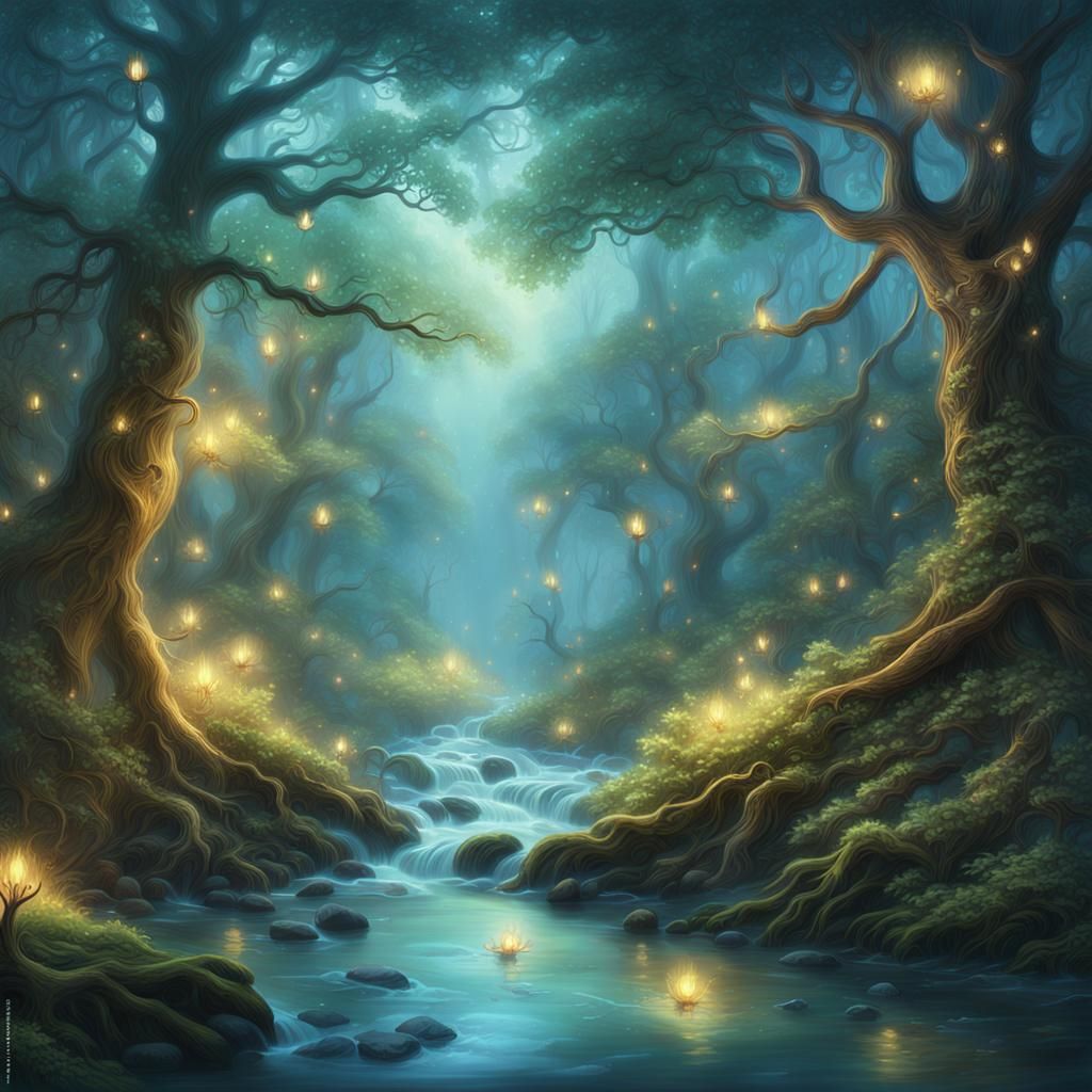 Mystical River Flows Through Ethereal Forest