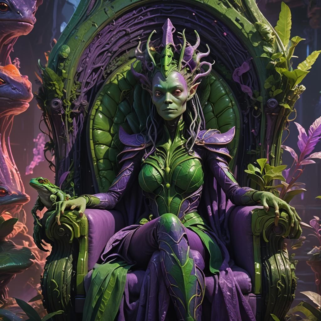 Frog-Faced Alien Woman on Mystical Throne