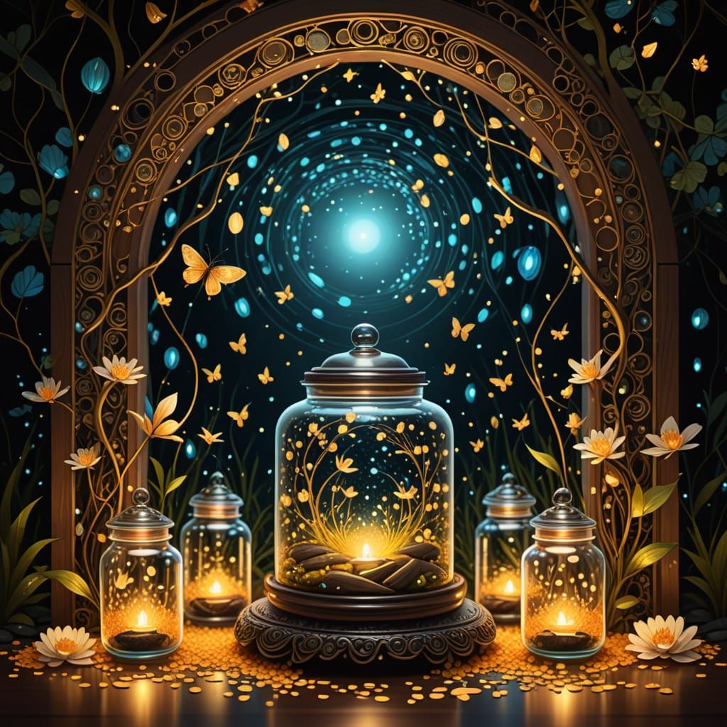 Magical Shrine Alcove with Fireflies and Falling Petals