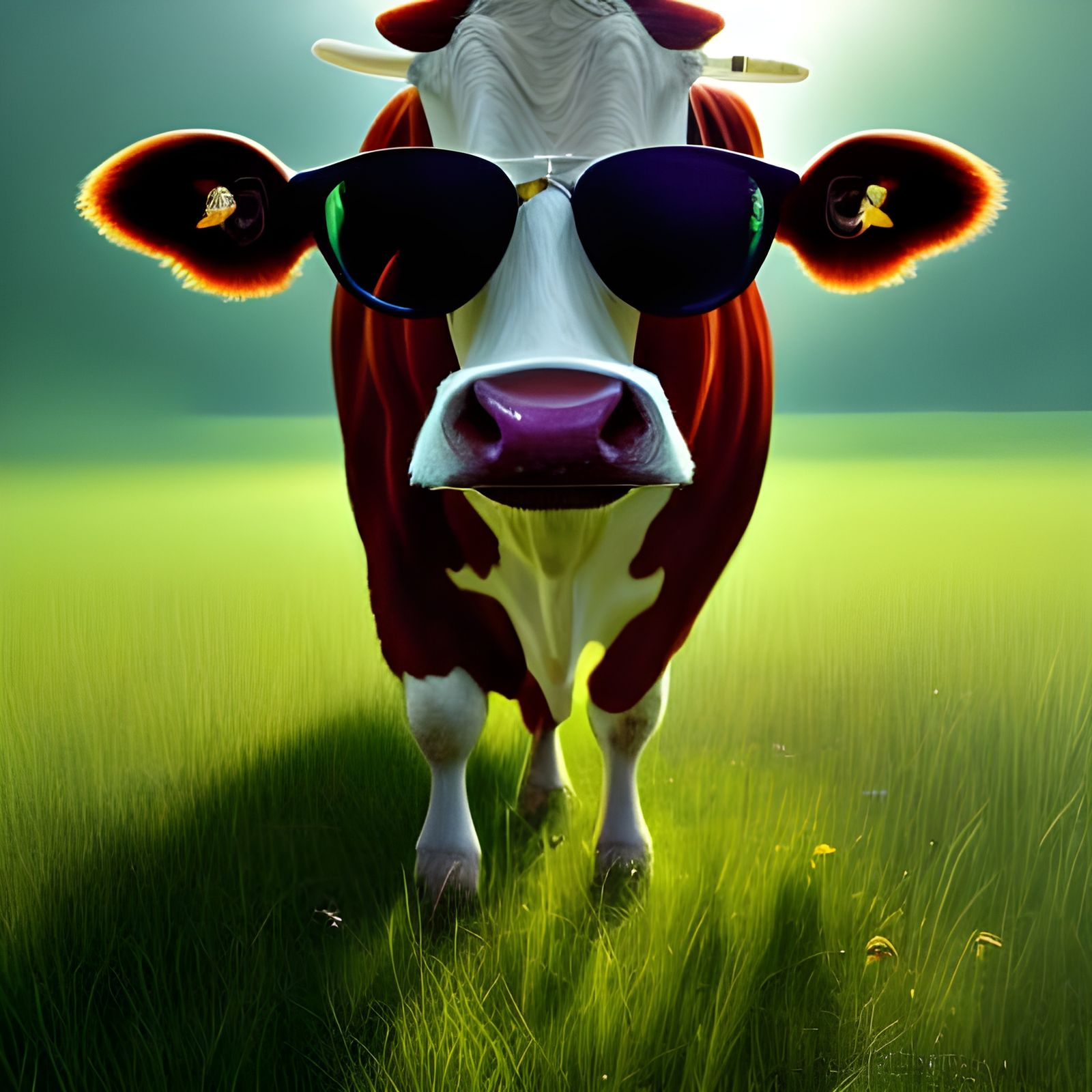 Cow in Sunglasses in Sunny Meadow: Digital Art
