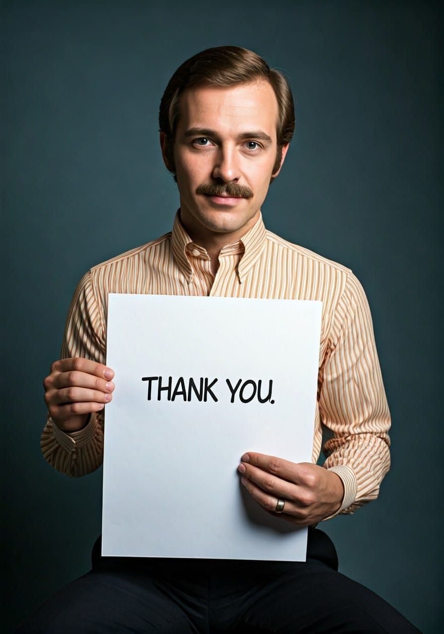 1970s Portrait of Man Holding Thank You Sign