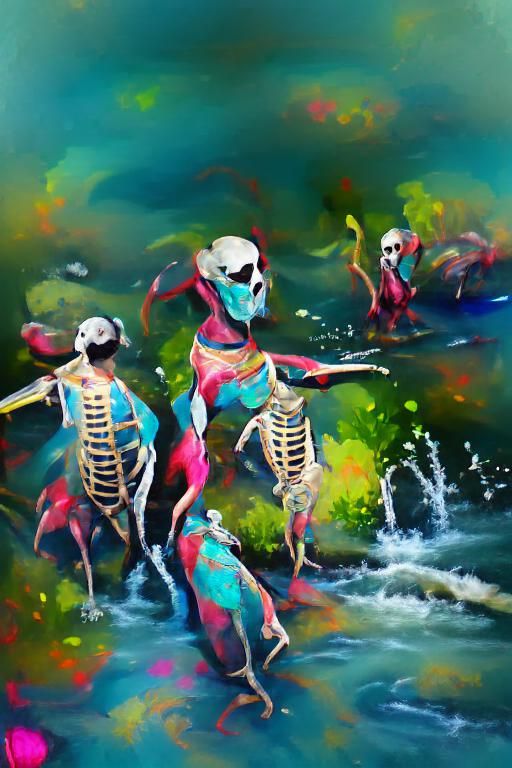 Dancing Skeletons in Bloody River: Oil Painting