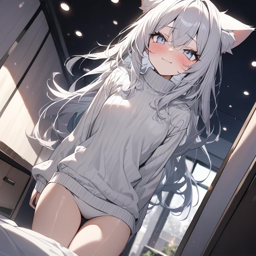 Anime Cat Girl in White Sweater, Professional Photo