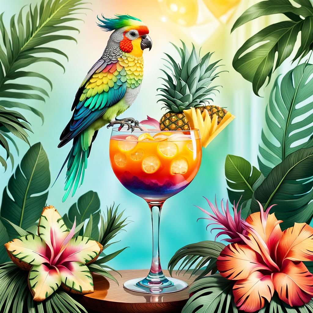 Cockatiel Sipping Cocktail: Vibrant Bird Art
