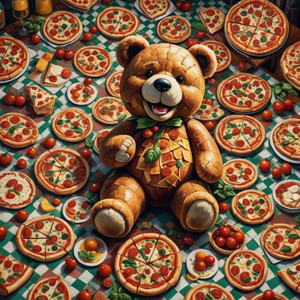 Pizza Teddy Bear in Whimsical Italian Restaurant