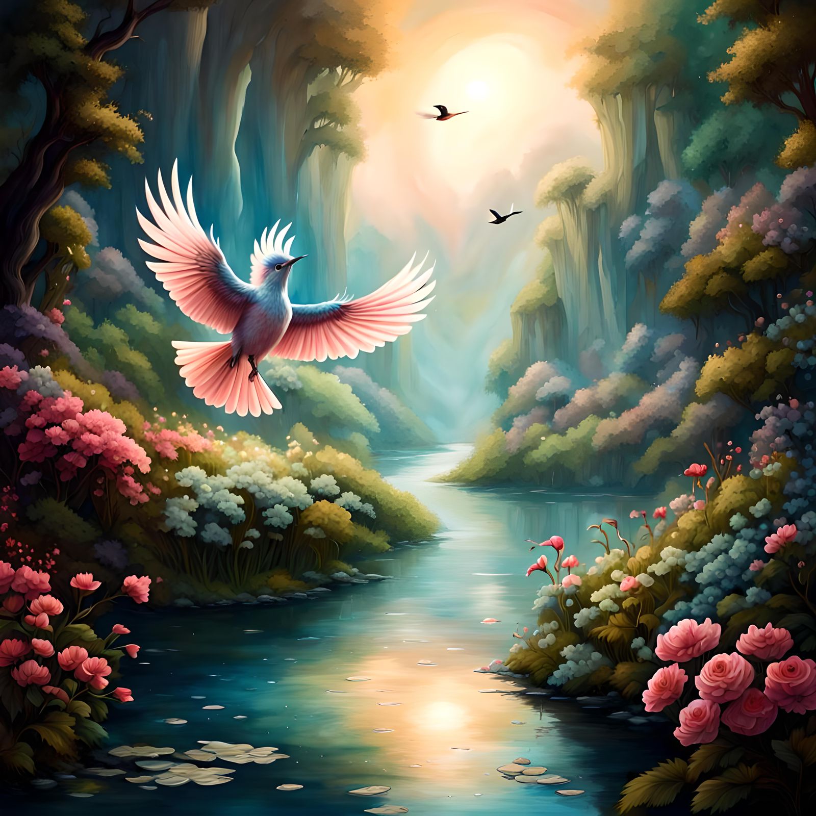 Beautiful ultradetailed fantasy bird,  flying over a river, flowers, detailed fantasy background