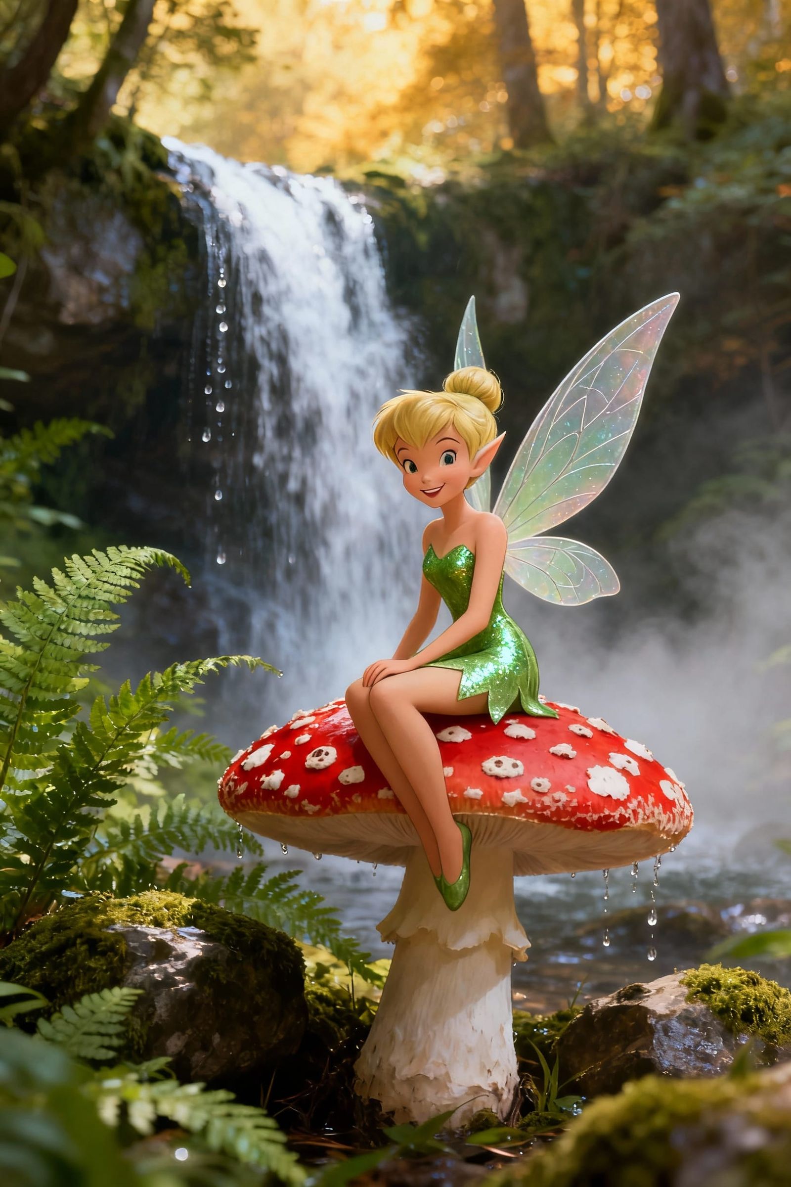 Lifelike Tinkerbell Smiles by Waterfall on Mushroom