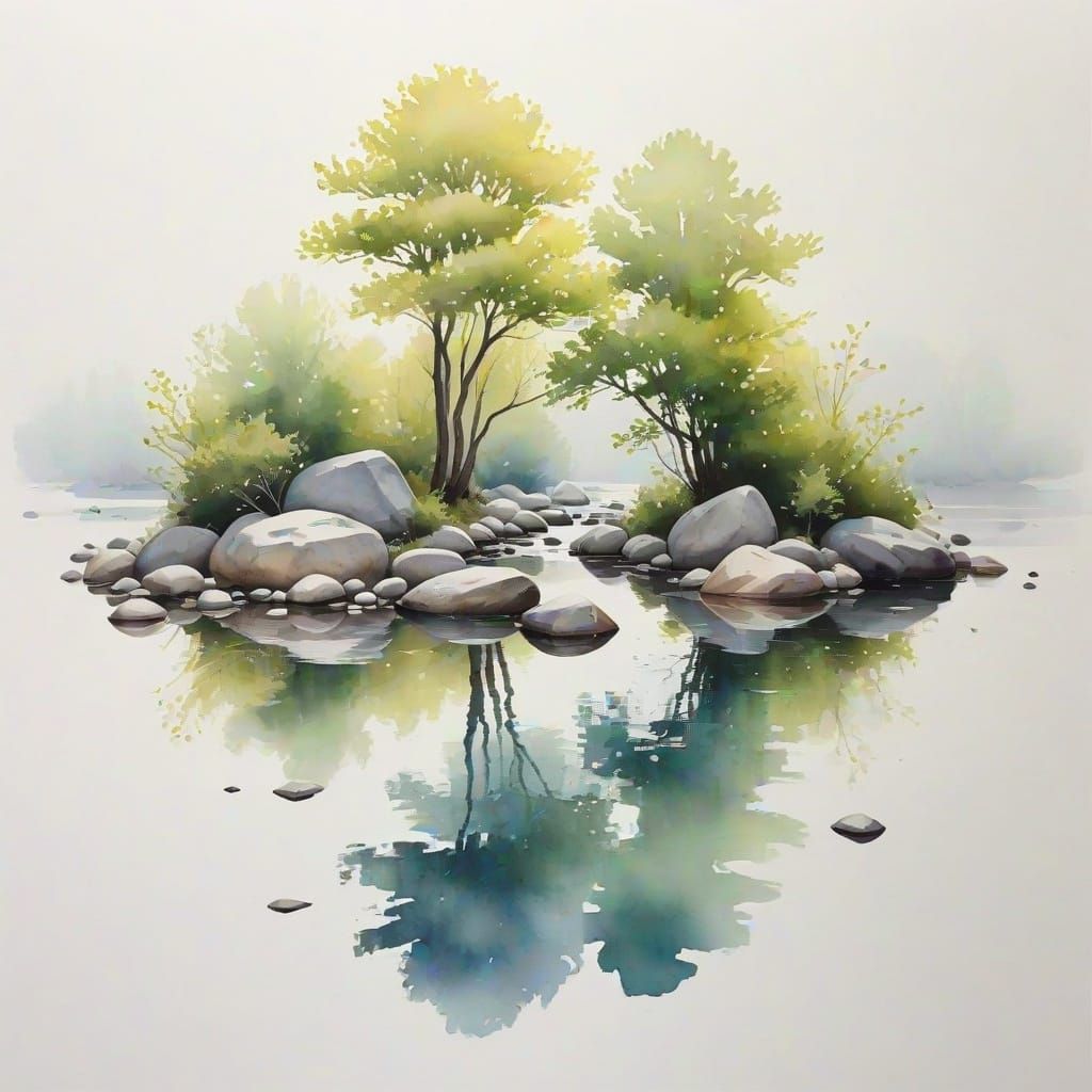 Soft Focus Watercolor Scene with Fading Pigment and River Re...