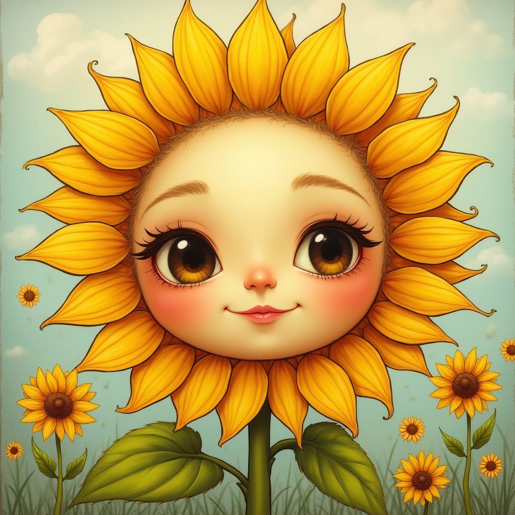 Surreal Sunflower with Human Face, Dreamy Art