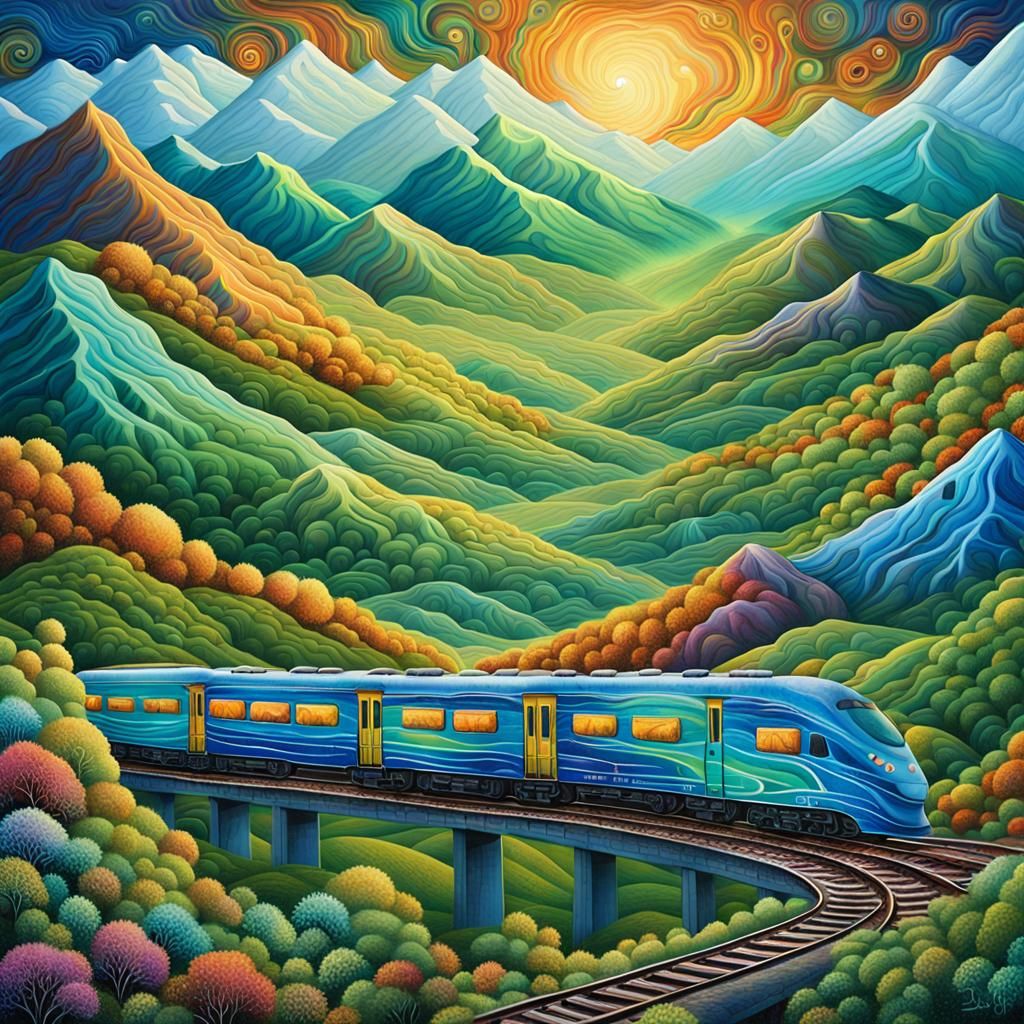 Train Crossing Hills in Cosmic Mixed Media Art