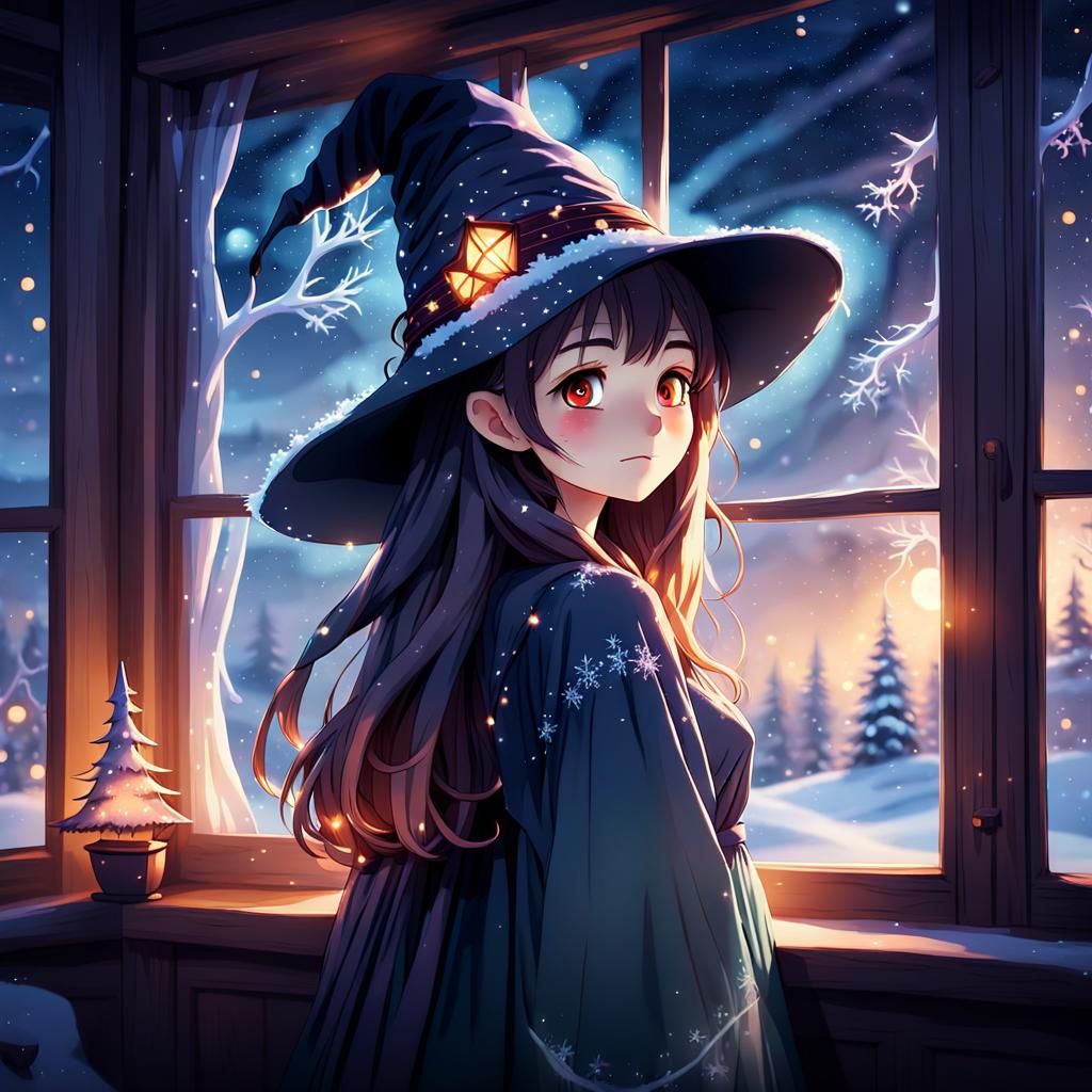 Whimsical Anime-Style Witch Girl Admires Winter Wonderland