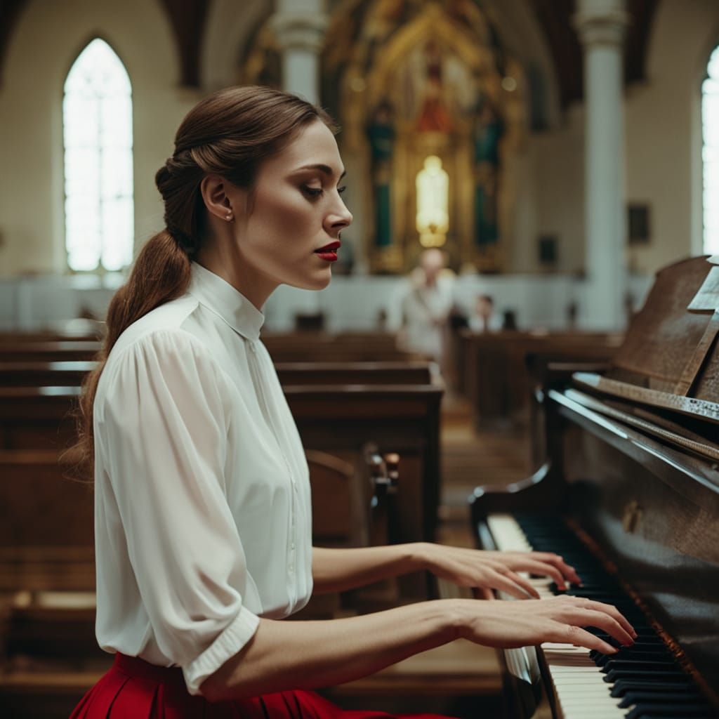 Cinematic Film Still of Woman Playing Piano