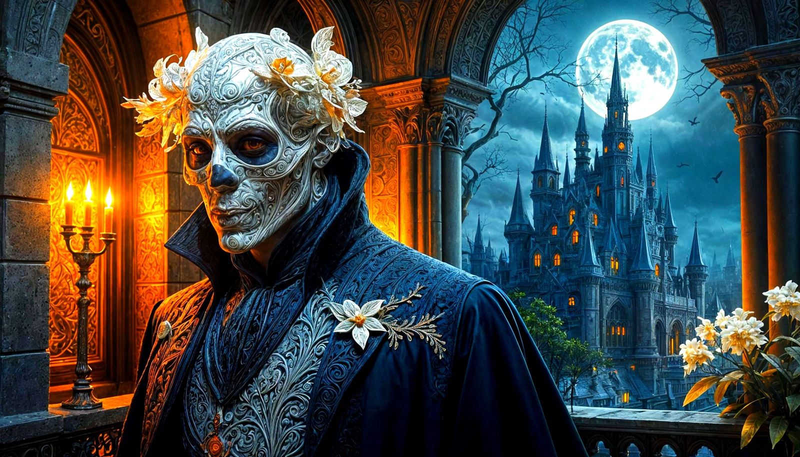 Orchid Skull Lithograph in 1950s Style