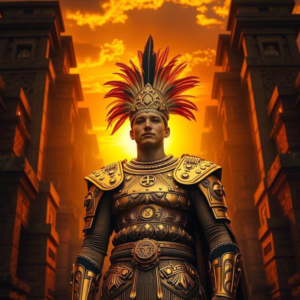 An Aztec temple bathed in the amber glow of sunset. Miles Teller, embodying a golden king, stands tall in ornate armor a...