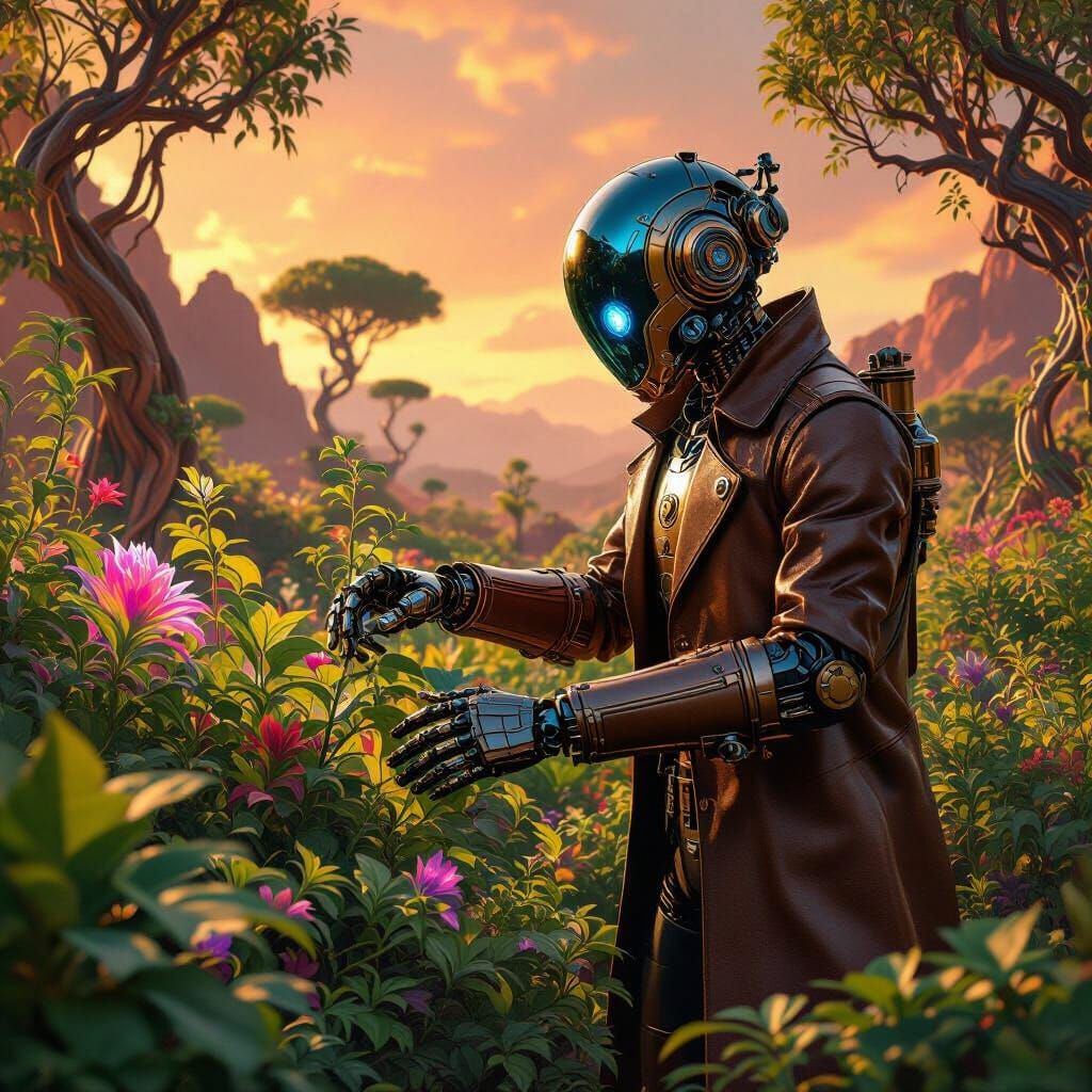 Steampunk Robot Gardening on Mars in Hyperrealistic Style