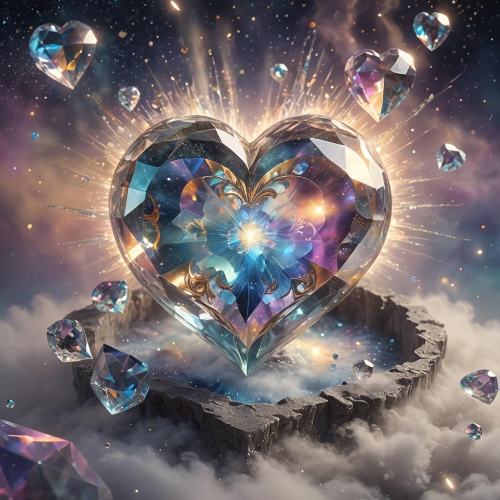 Crystal Heart in Cosmic Mist: Digital Illustration