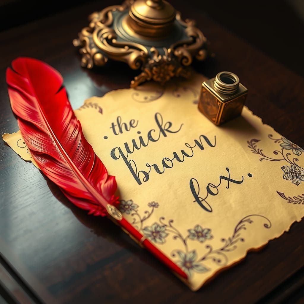 Red Quill and Golden Ink Pot Still Life