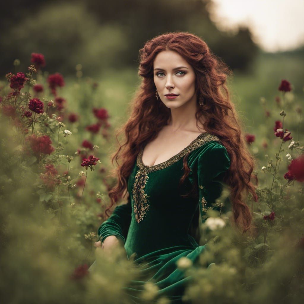 Elegant Woman in Green Velvet Dress in Flower Field