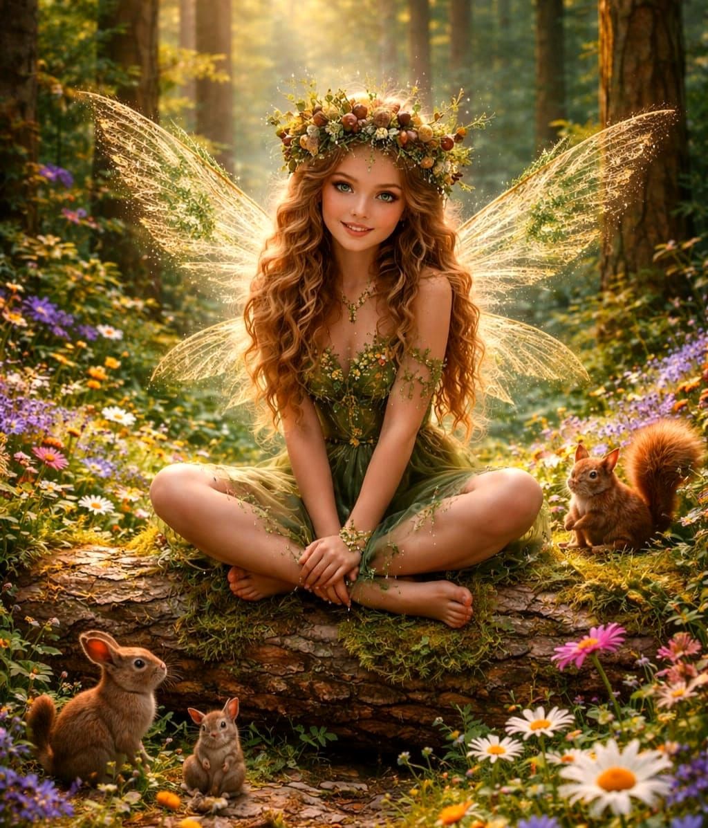 Magical Forest Fairy with Fern Wings in Sunlight