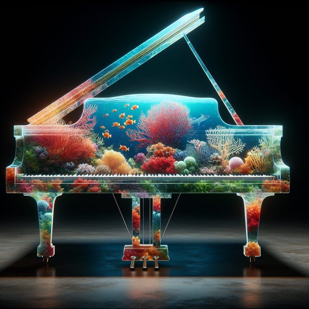Vibrant Coral Reef Encased in Glass Piano