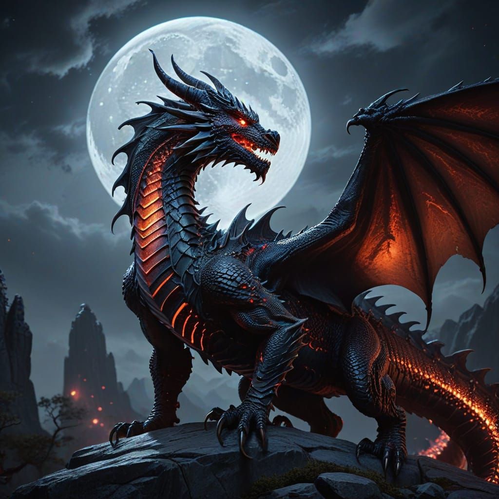 Majestic Dragon on Full Moon in Dramatic Moonlight