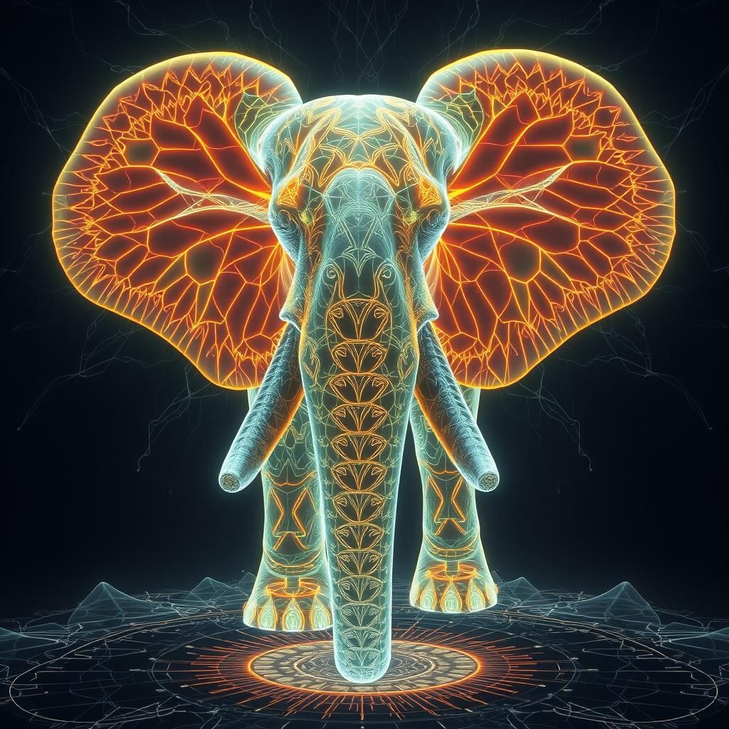 Luminous Biometric Elephant by Alex Grey Style