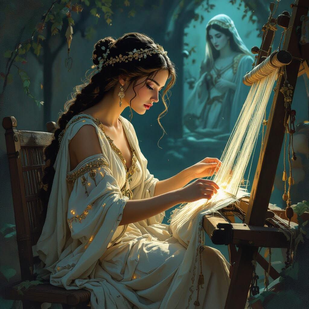 Arachne Weaving Glowing Fabric, Goddess Watching, Fantasy Ar...