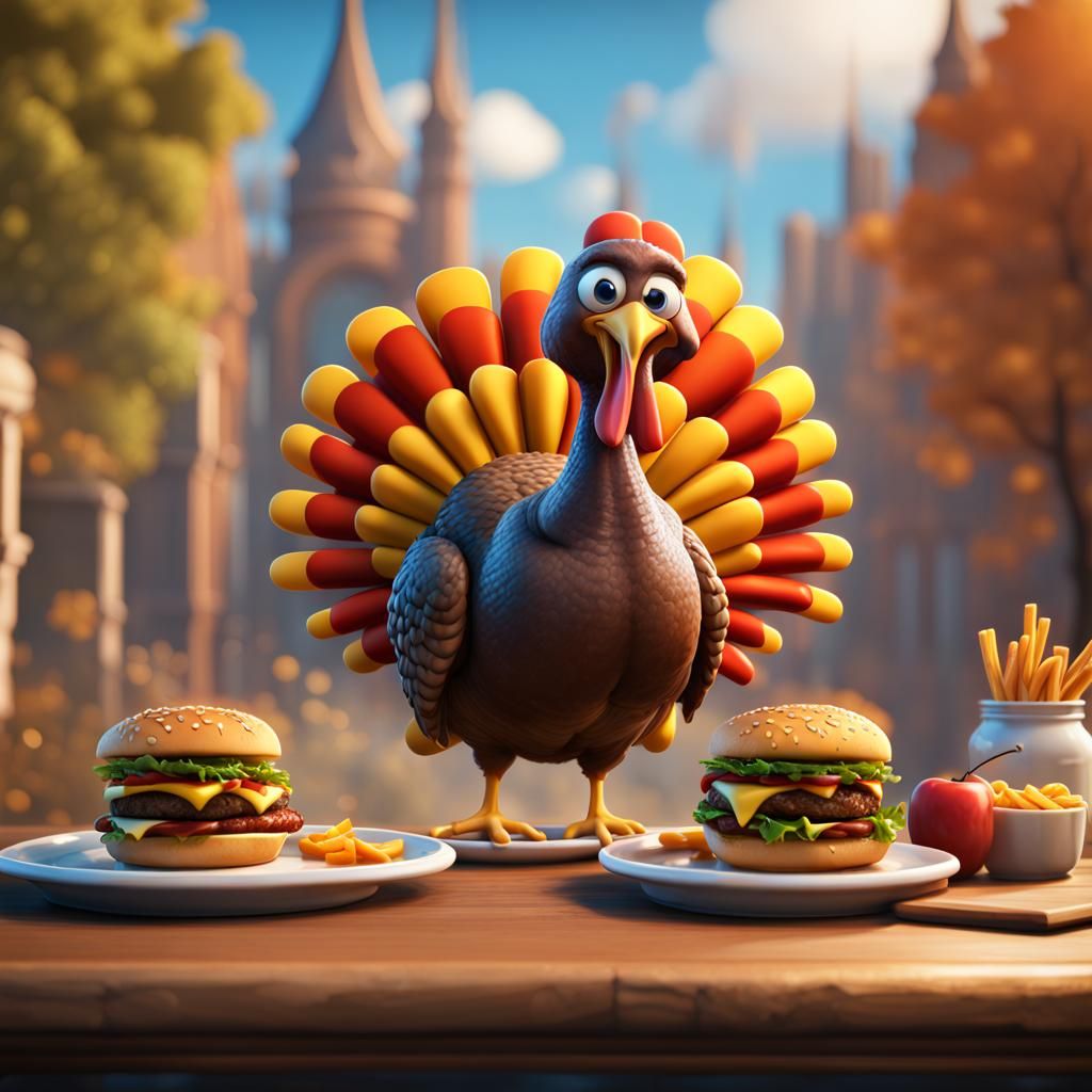 Cartoon Turkey's Cheeseburger Feast
