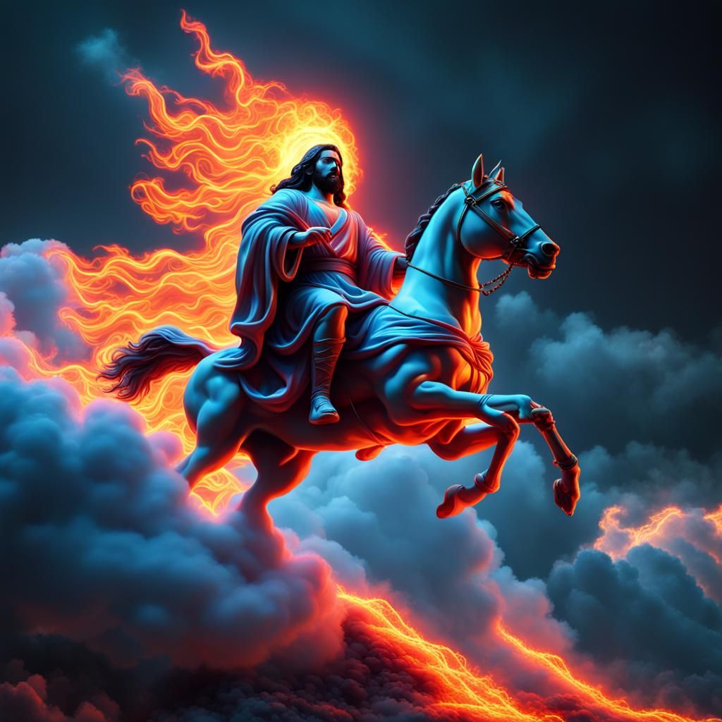Jesus in Fiery Chariot Amidst Neon Clouds