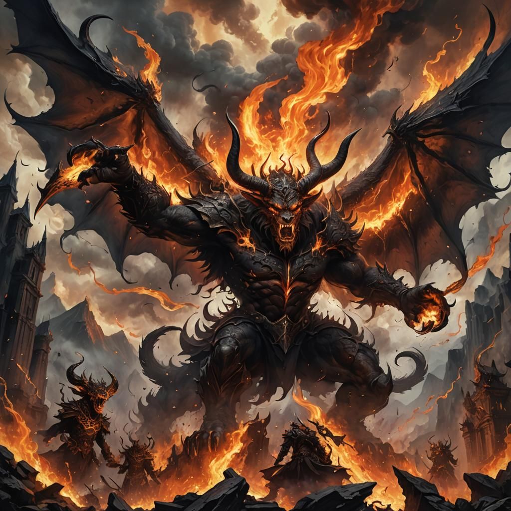 Demons Assault Burning Gates in Dark Fantasy Oil Painting