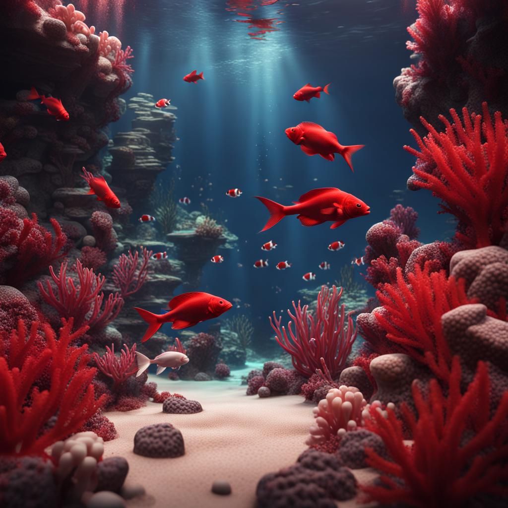 Red Reef Aquarium with Red and White Fish