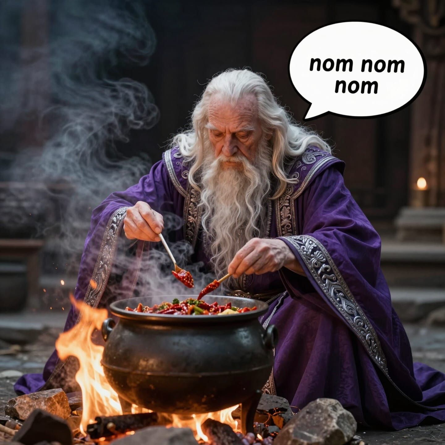 Elderly Wizard Enjoys Chili From Cauldron