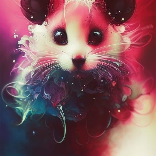 Chibi Mouse in Ink Flow Gouache Painting