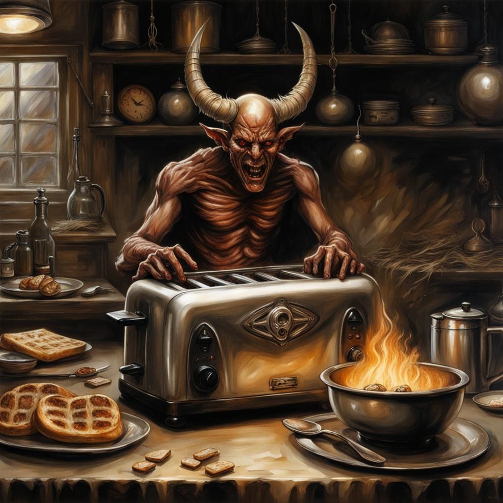 Demonic Toaster in Dark Fantasy Kitchen