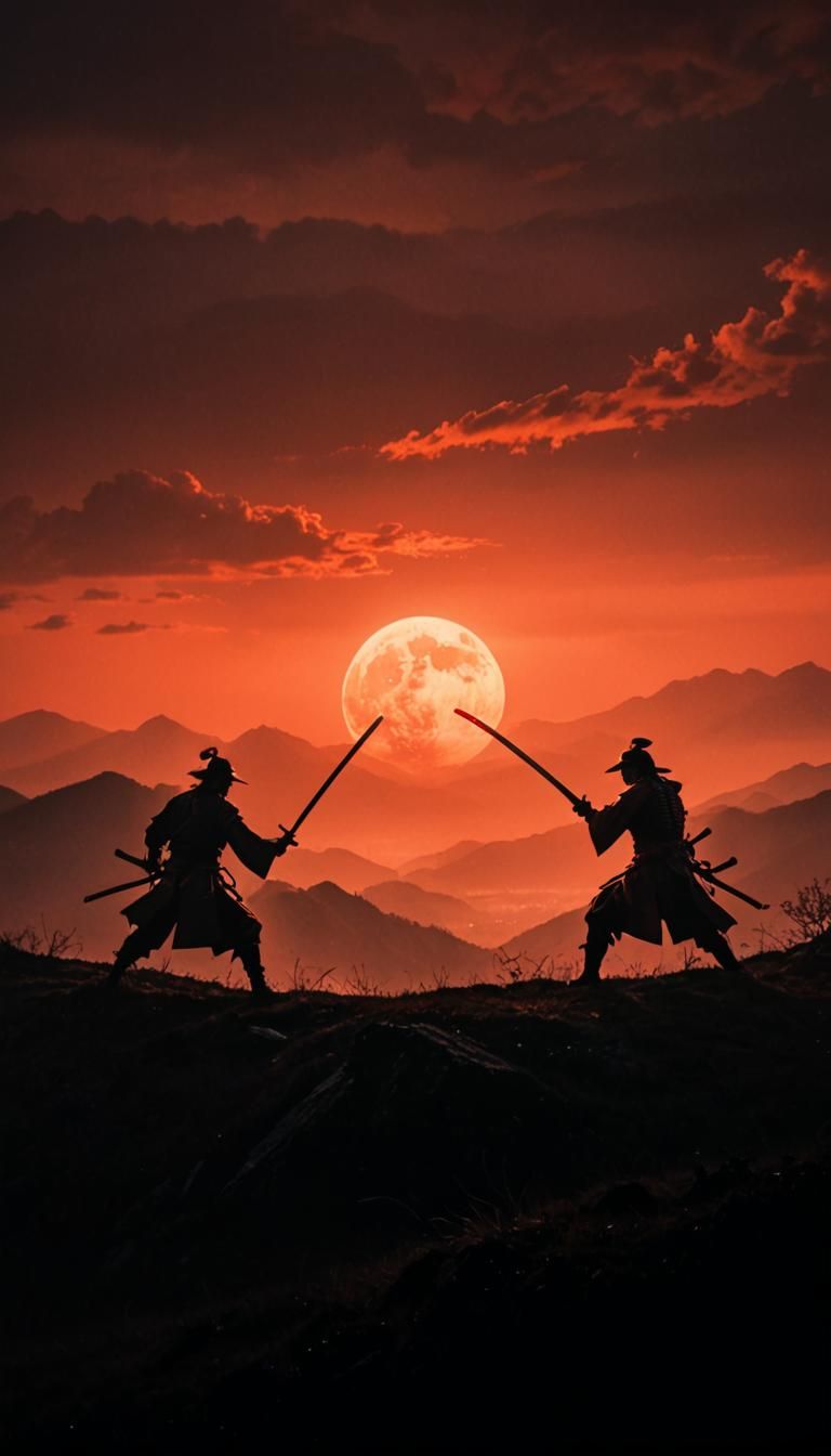 Epic Swordsmen Clash in Dark Fantasy Landscape