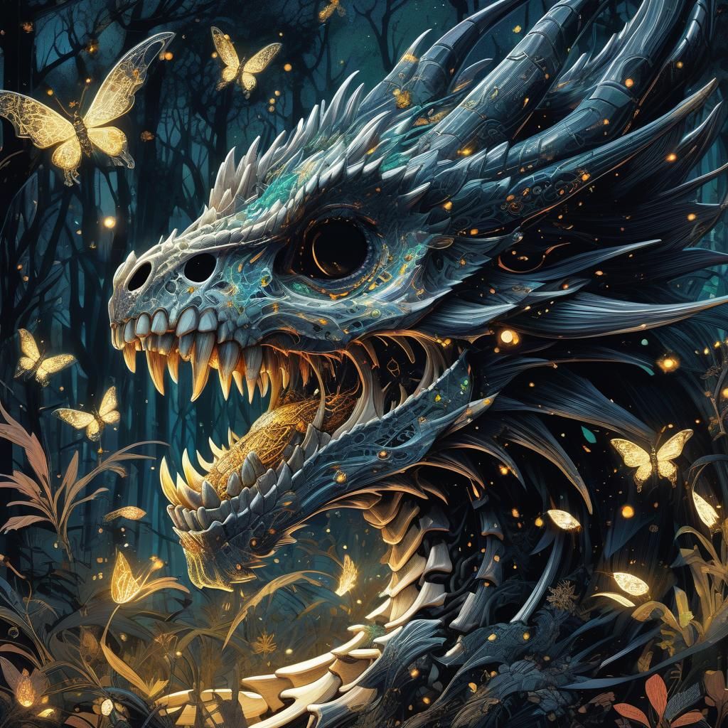 Mythical Skeleton Dragon Roaring in Dark Forest