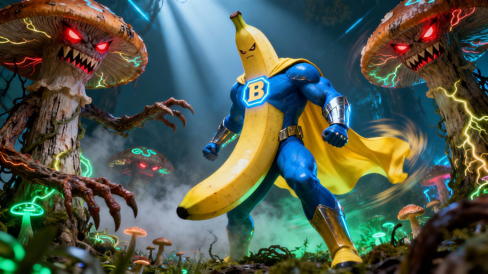 Mighty Banana Hero Fights Angry Mushroom Monsters