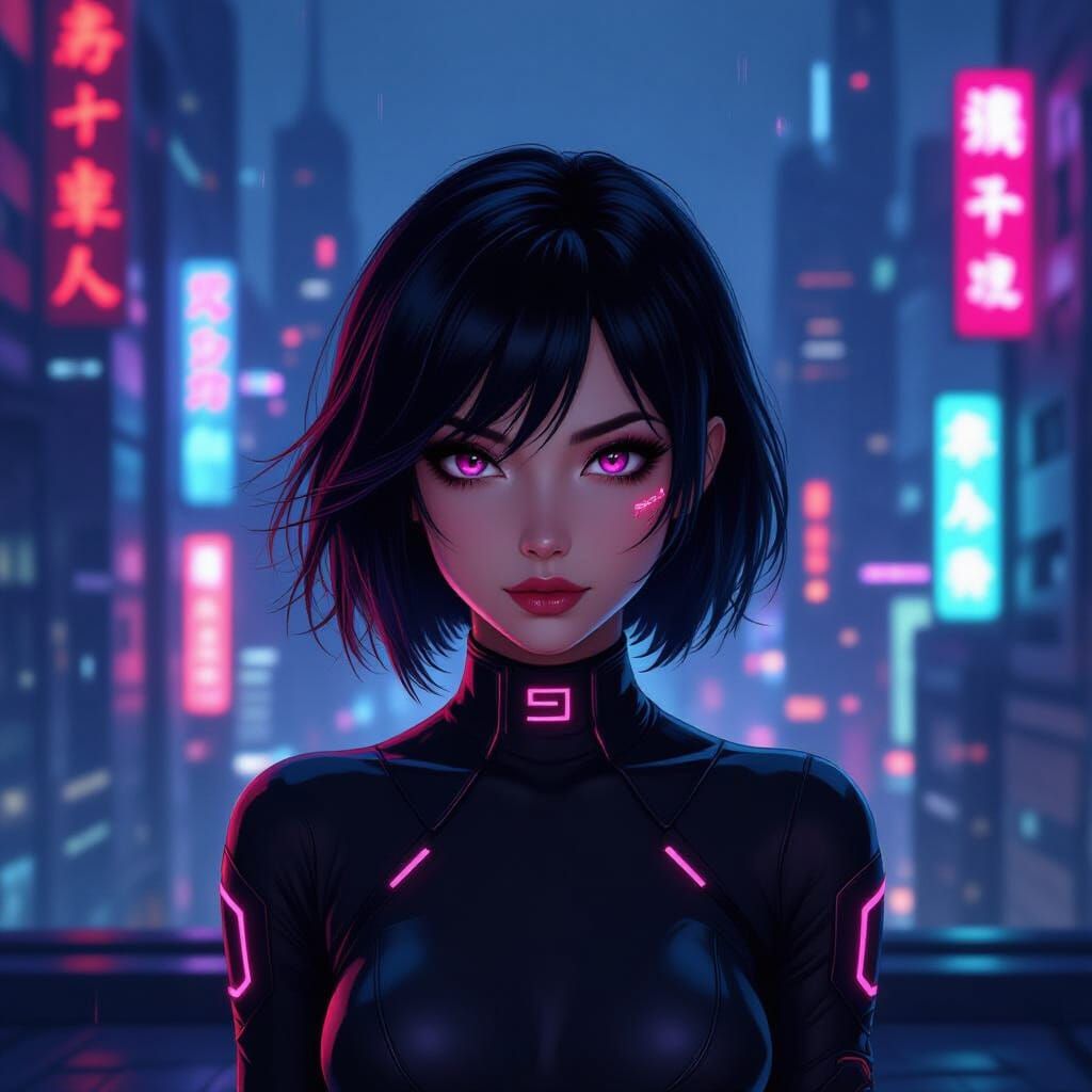 Anime Style Woman on Cyberpunk Rooftop