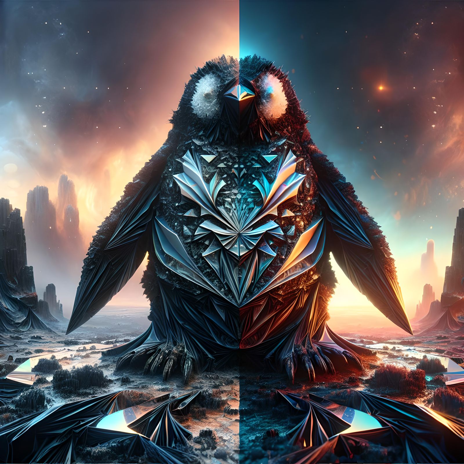 Obsidian Penguin Puppet Meets Glassigami Penguin