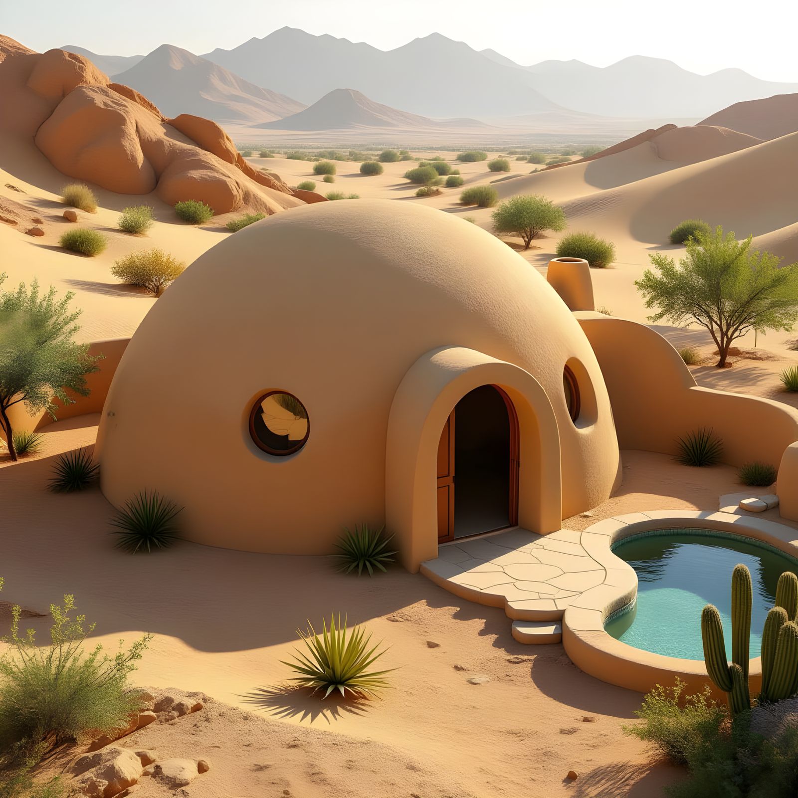 SuperAdobe Dome House in Desert Landscape