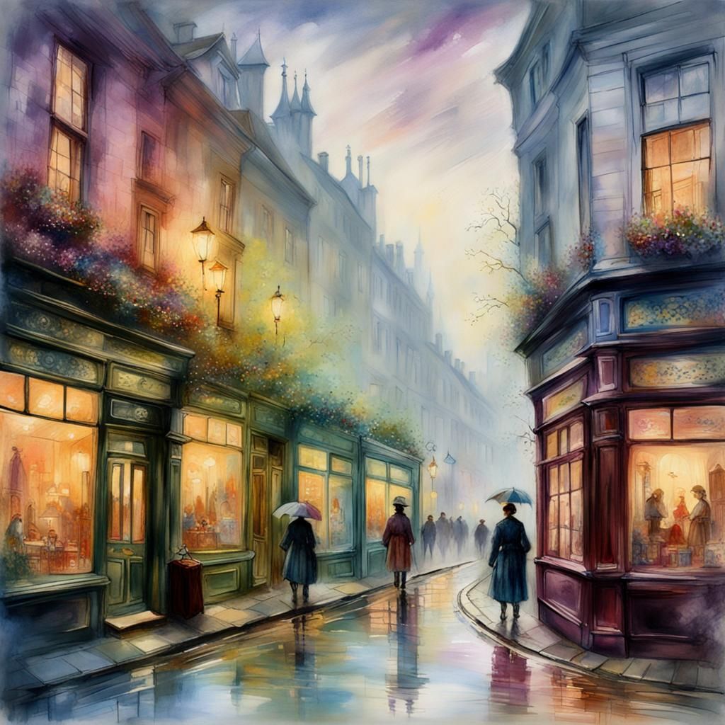 Misty 1880s London Street in Watercolor Style
