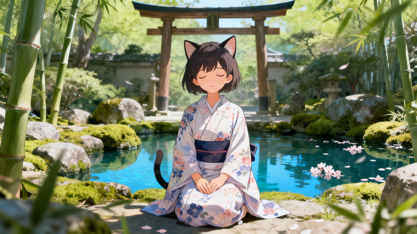 Japanese Girl in Kimono Finds Inner Peace at Temple Garden