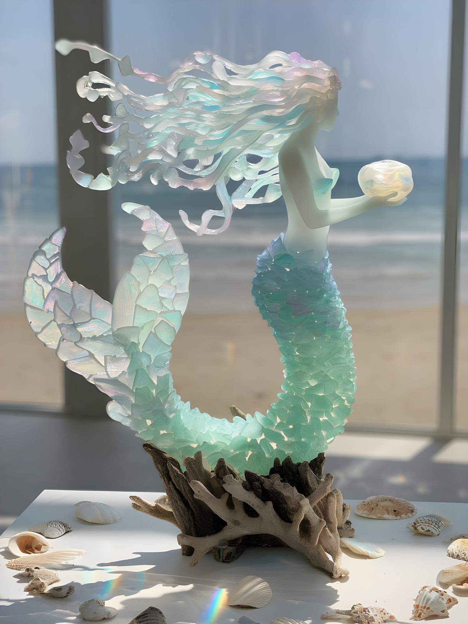 Sea Glass Mermaid Sculpture with Pearl Orb