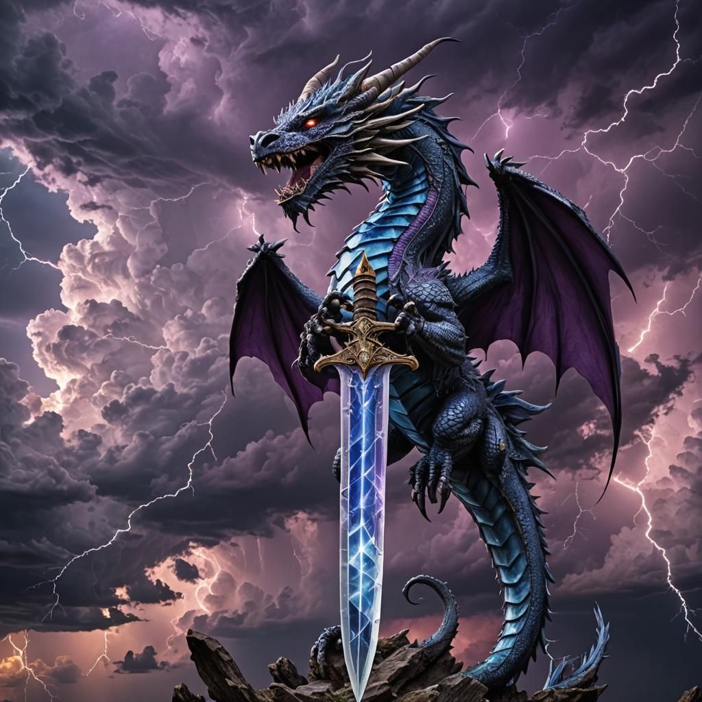 Dragon Hilt Crystal Sword Under Stormy Sky