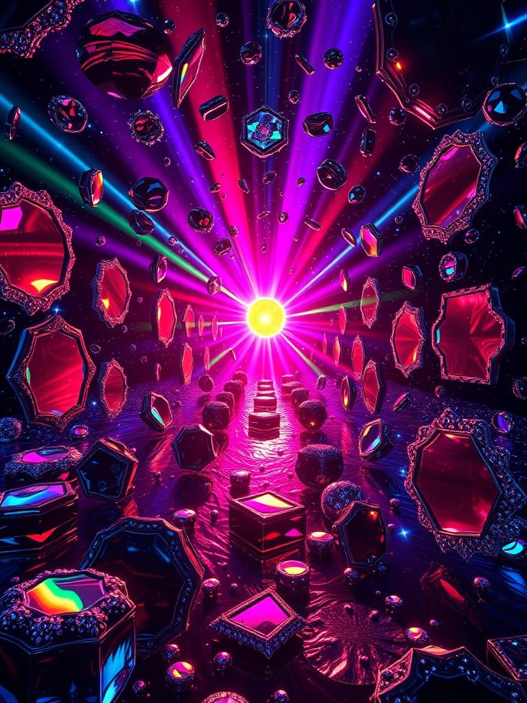 Neon Cosmos of Crystalline Mirrors in Hyperrealistic Style